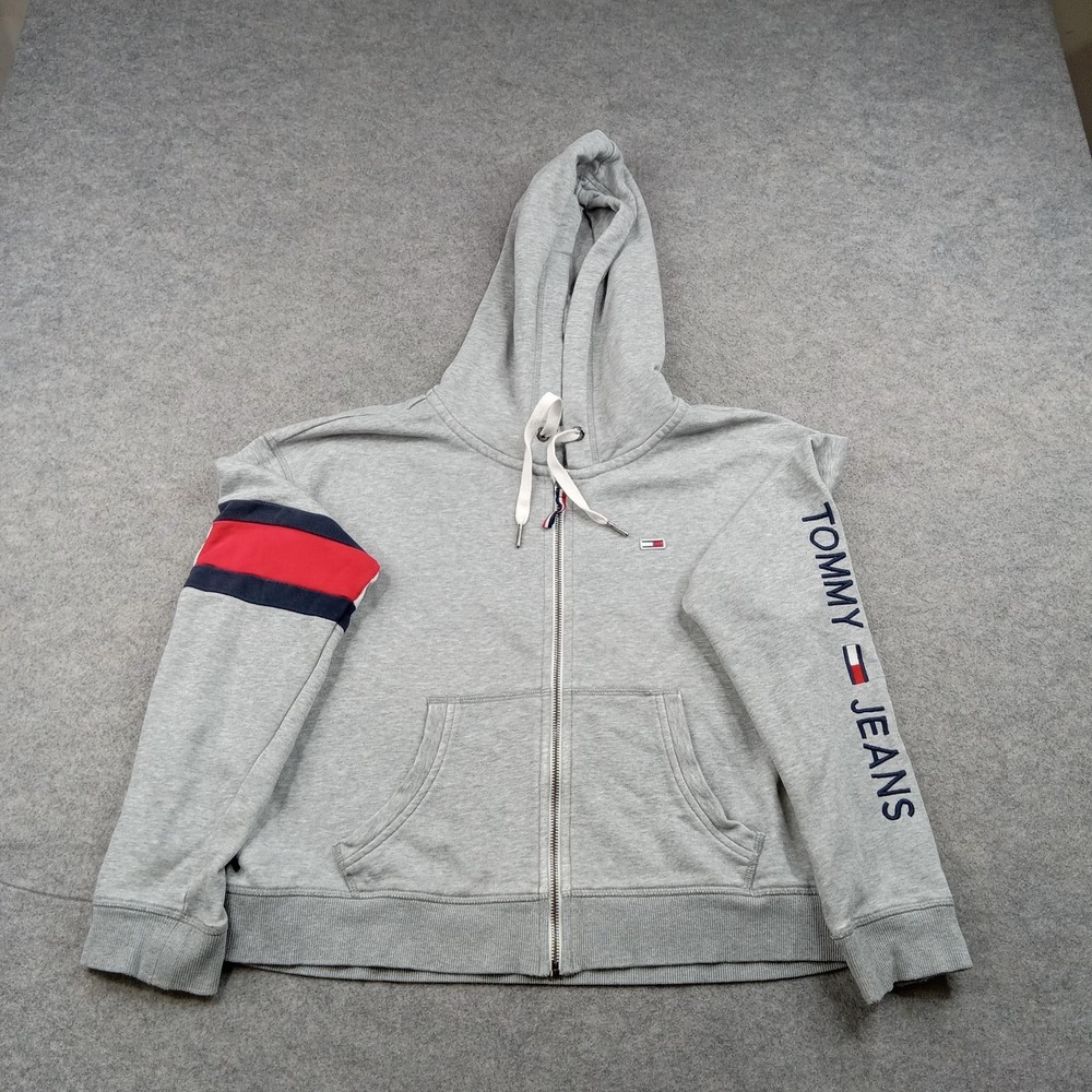 Tommy Jeans Hoodie Mens Large Gray Full Zip Fleece Sweatshirt Logo Stripe Sleeve